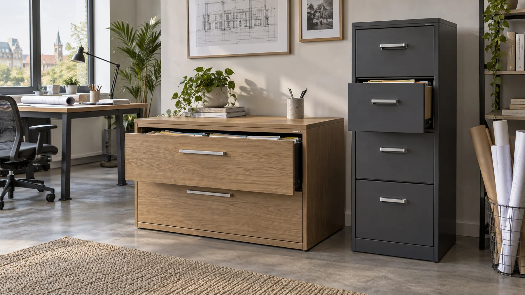 Lateral vs vertical filing cabinets: compare the room with the drawers open