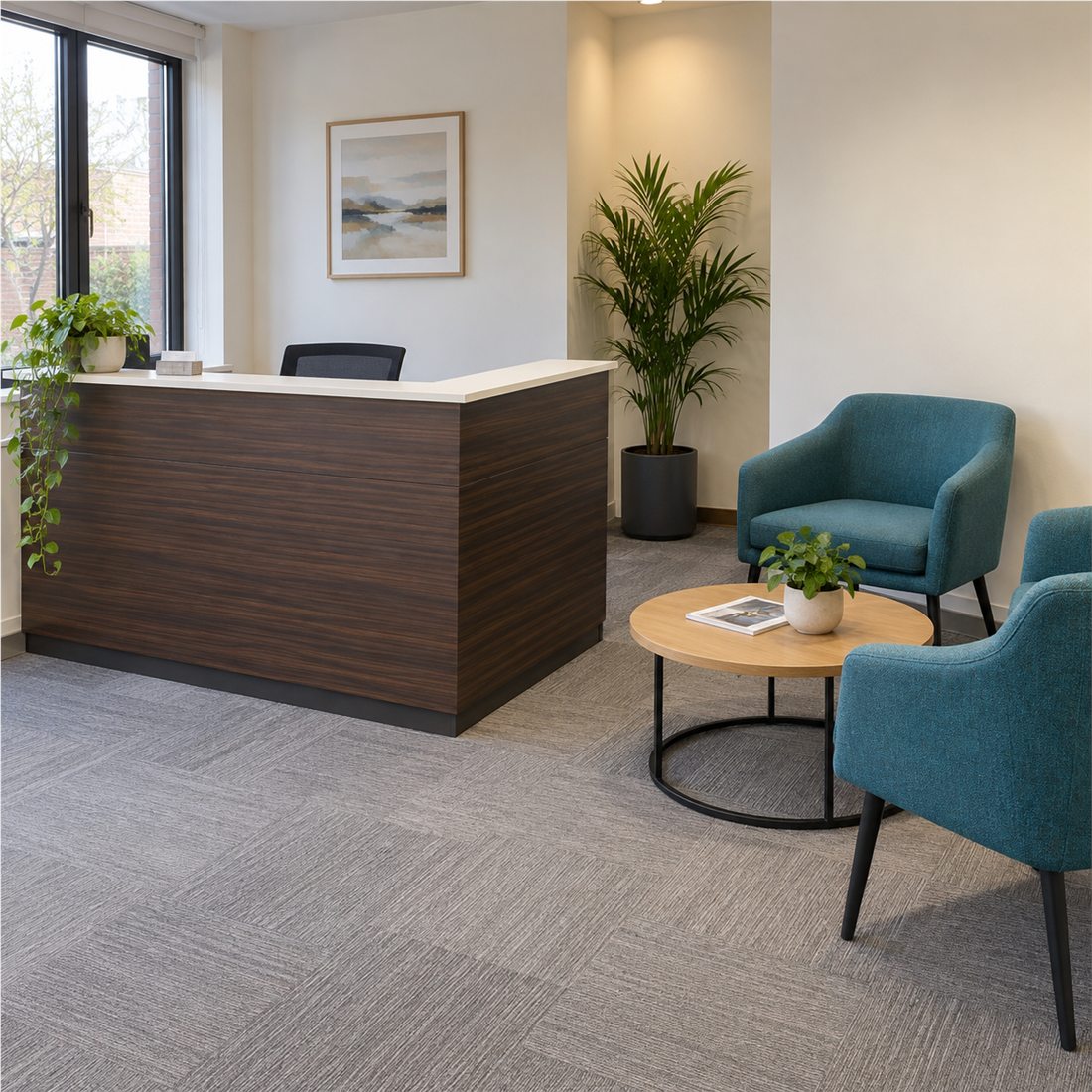 Reception counter, waiting chairs and coffee table in a welcoming office reception