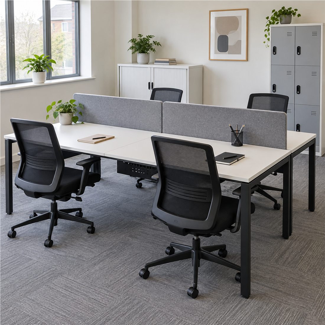 Bench desks, office chairs, screens and storage arranged as a team workspace