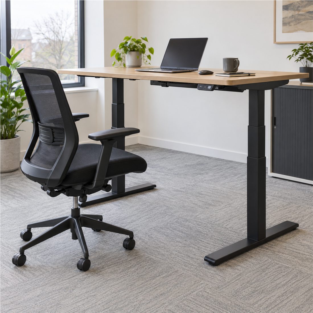 Ergonomic office chair beside an electric sit-stand desk