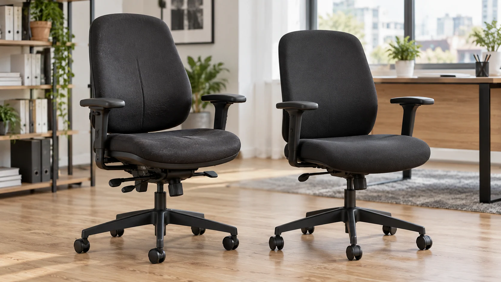 Two commercial office chairs presented side by side for comparison