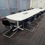 Kinnarps Large Boardroom Meeting Table w/ 14 Stacking Black Fabric Chairs - Set