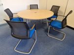 Orangebox Used Round Meeting Table Circular Office Desk + 6 Blue Chairs Set