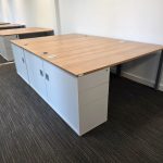 Wood Top Office Desks w/ Matching White Lockable Pedestal Cabinets - Set Of 10