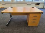 Office Rectangular Wooden Desk With Cable Ports 150cm + Lockable Drawer Pedestal
