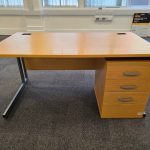 Office Rectangular Wooden Desk With Cable Ports 150cm + Lockable Drawer Pedestal