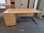 Office Wooden Desk with Cable Ports and Extended Lockable Pedestal Cabinet
