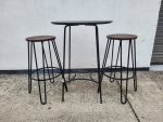 SET of Round Black Bar Table + 2 Matching Wooden Seat Black Frame Stools