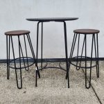 SET of Round Black Bar Table + 2 Matching Wooden Seat Black Frame Stools