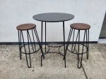SET of Round Black Bar Table + 2 Matching Wooden Seat Black Frame Stools - Image 2