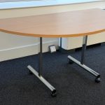 Flip Top Office Desk Half Moon Wooden Chromed Legs on Wheels Modern Design