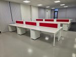 White Office Desks Back-to-Back with Red Screens & Free Pedestals - Set of 6