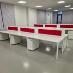 White Office Desks Back-to-Back with Red Screens & Free Pedestals - Set of 6