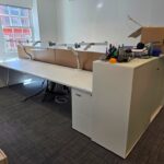 Double White Bench Desk Back-to-Back Workstation, Cable Management - 4 Person