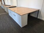 Wood Top Office Desks w/ Matching White Lockable Pedestal Cabinets - Set Of 10