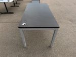 160cm Wooden Office Desk with Cable Ports and Grey Legs - Dark Wood Top - Image 2