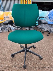 Humanscale Freedom high back ergonomic office chair with headrest in Royal Blue upholstery