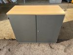 Office Storage Cupboard Cabinet, Double Doors - Grey with Beech-Effect Top - Image 2