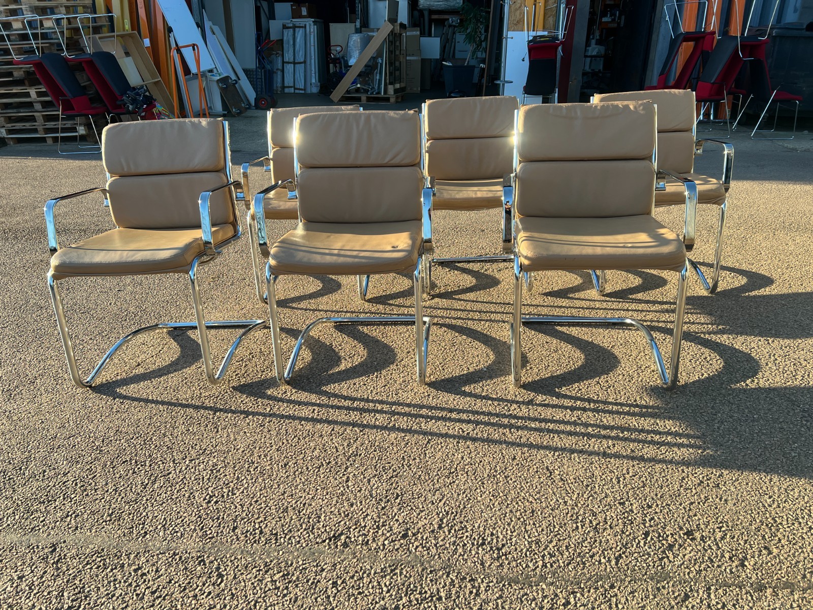 11717903811770116097 Beige Cantilever Dining Chairs, Upholstered with Polished Metal Frame - Set of 6 - Image 1