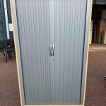 Tambour Office Grey Cupboard with 3 Adjustable Shelves, Lockable - Beech