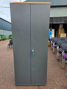 Bene Office Storage Cupboard, Lockable Doors – Graphite Finish with Wood Top