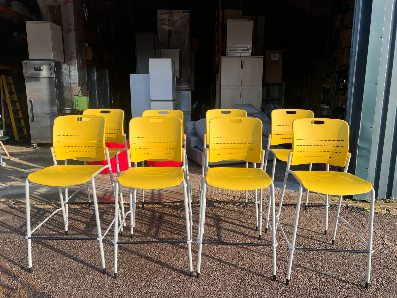 57-918 Senator Bar Stools Yellow, Stackable Plastic Seat Tubular Steel Frame - Set of 8 - Image 1