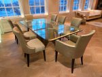 Luxury Glass Dining Table with Brass Base + 8 Premium Upholstered Chairs Set