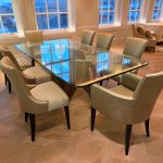 Luxury Glass Dining Table with Brass Base + 8 Premium Upholstered Chairs Set