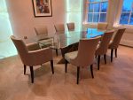 Luxury Glass Dining Table with Brass Base + 8 Premium Upholstered Chairs Set - Image 2