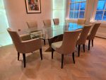 Luxury Glass Dining Table with Brass Base + 8 Premium Upholstered Chairs Set - Image 5