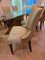 Luxury Glass Dining Table with Brass Base + 8 Premium Upholstered Chairs Set - Image 10