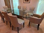 Luxury Glass Dining Table with Brass Base + 8 Premium Upholstered Chairs Set - Image 12