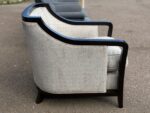Elegant Textured Upholstered Armchair – Light Grey Fabric with Dark Wood Frame - Image 2