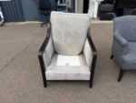 Elegant Textured Upholstered Armchair – Light Grey Fabric with Dark Wood Frame - Image 11