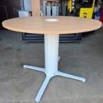 High Circular Meeting Table - Oak Effect Top with White Pedestal Base - 140cm