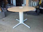 High Circular Meeting Table - Oak Effect Top with White Pedestal Base - 140cm - Image 3