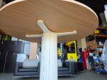 High Circular Meeting Table - Oak Effect Top with White Pedestal Base - 140cm - Image 10