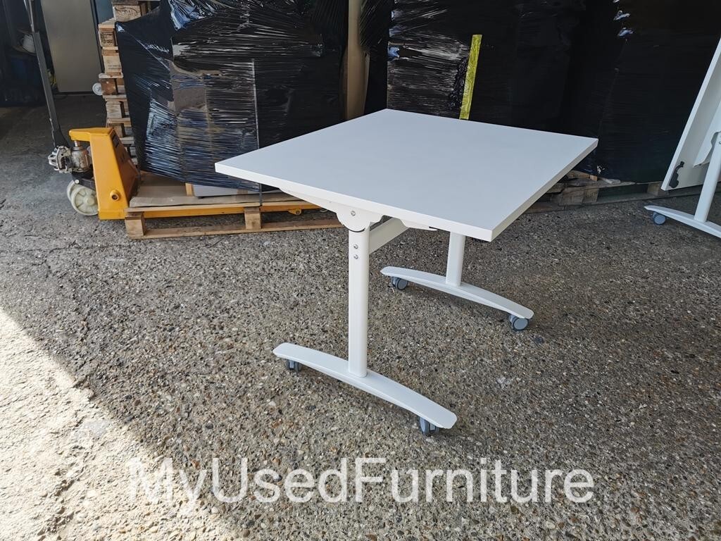57-20 Flip Top Folding Table on Wheels – White Mobile Desk 80cm - Office Workstation - Image 1