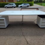 White Office Bench Desk | 4-Person, Back-to-Back | FREE Screen and 2 Pedestals