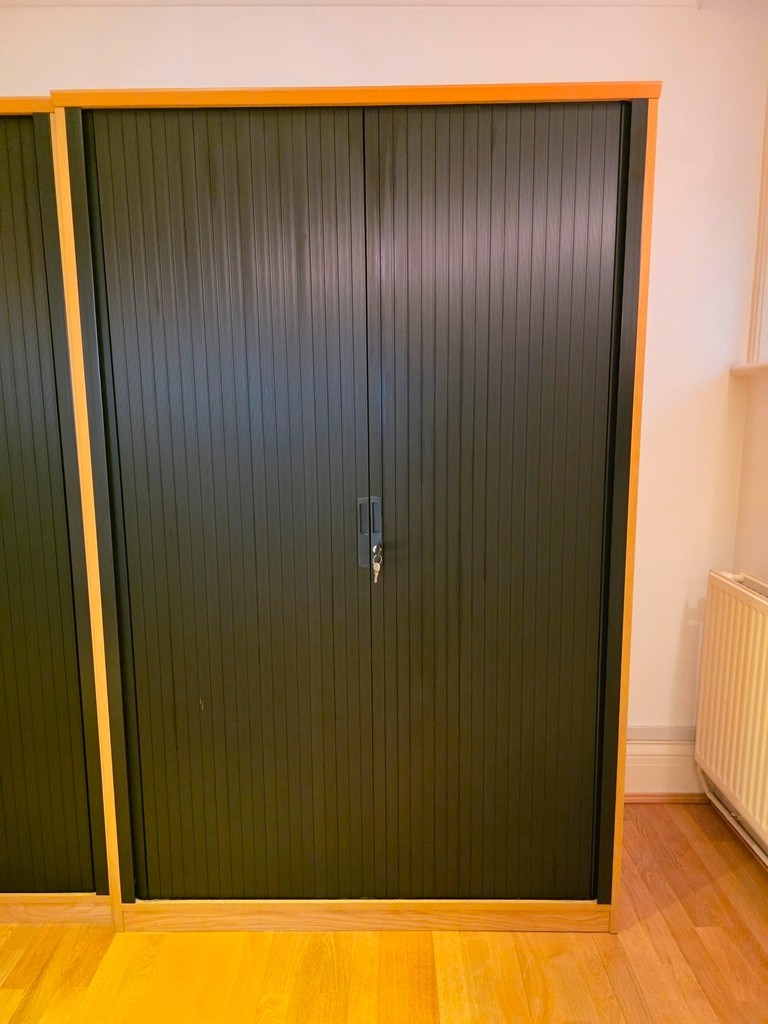 57-43 Lockable Tambour Office Cupboard with Sliding Doors, 4 Shelves Oak Storage - Image 1