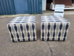 Upholstered Cube Pouffe Ottomans | Blue Patterned Footstools - Set of 2