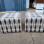 Upholstered Cube Pouffe Ottomans | Blue Patterned Footstools - Set of 2