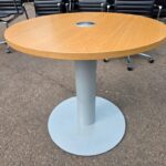 Office Round Meeting Table | Oak Effect Top with Grey Steel Pedestal Base