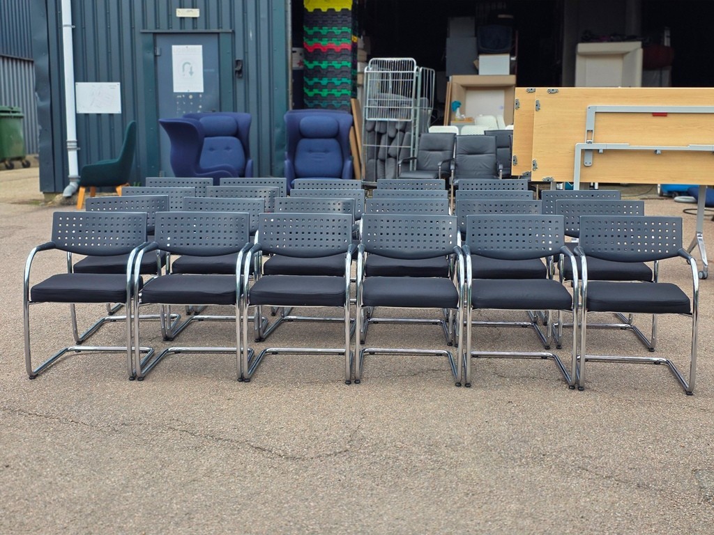 57-294 Cantilever Meeting Chairs | Black Upholstered Seat + Chrome Frame - Set of 22 - Image 1