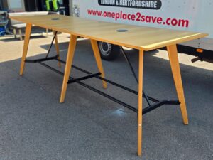 Office Collaboration Table | Oak-Effect Top | Cable Ports | Black Frame - 320cm