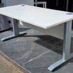 White Rectangular Office Desk with Cable Management, Grey Legs & Modesty Panel