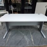 White Rectangular Office Desk with Silver Cantilever Legs and Modesty Panel