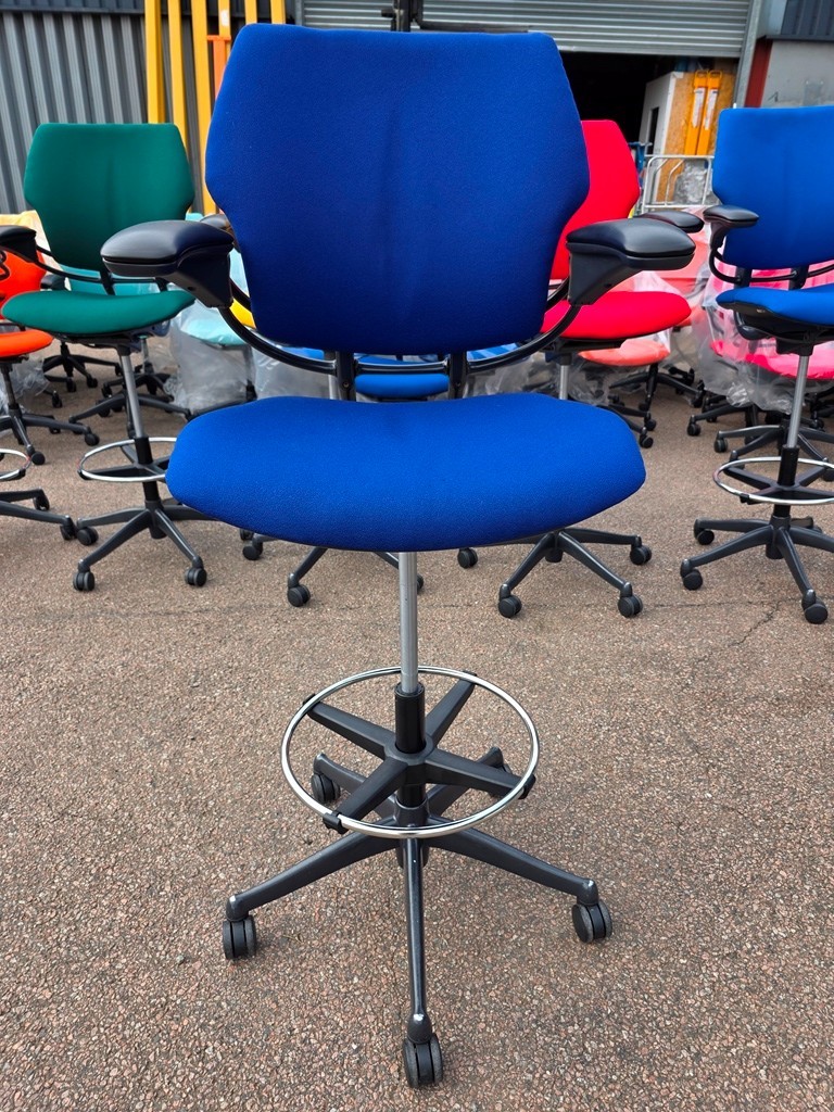 Royal blue colourful draughtsman chair with chrome foot ring