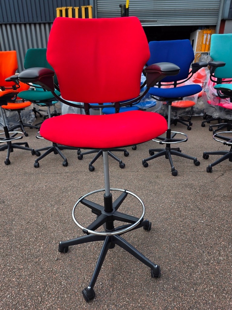 Red colourful draughtsman chair with refurbished upholstery