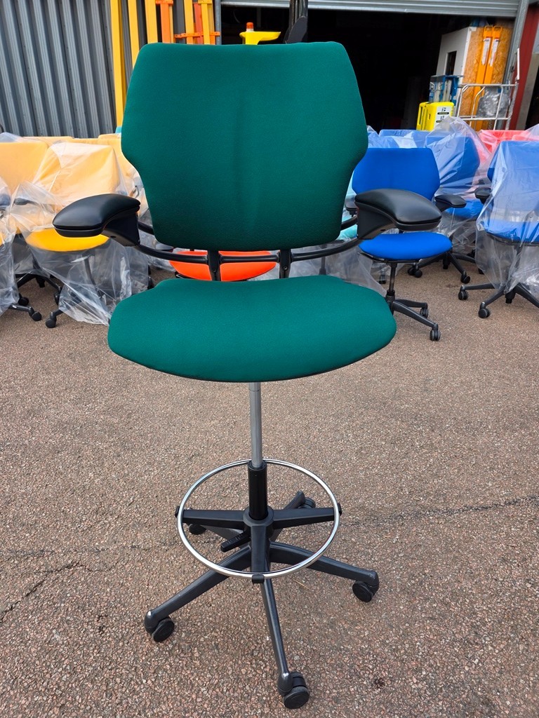 Green refurbished humanscale freedom ergonomic chair and the rest of the different coloured chairs in the background